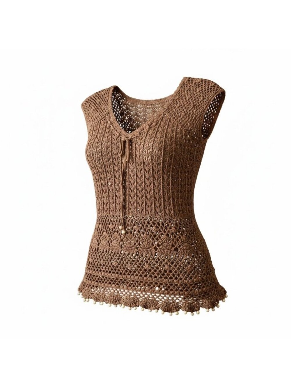 Crochet Brown Tunic Top Retro Boho with Cap Sleeves Tie Neck Detailed Bead Hem - Picture 13 of 13